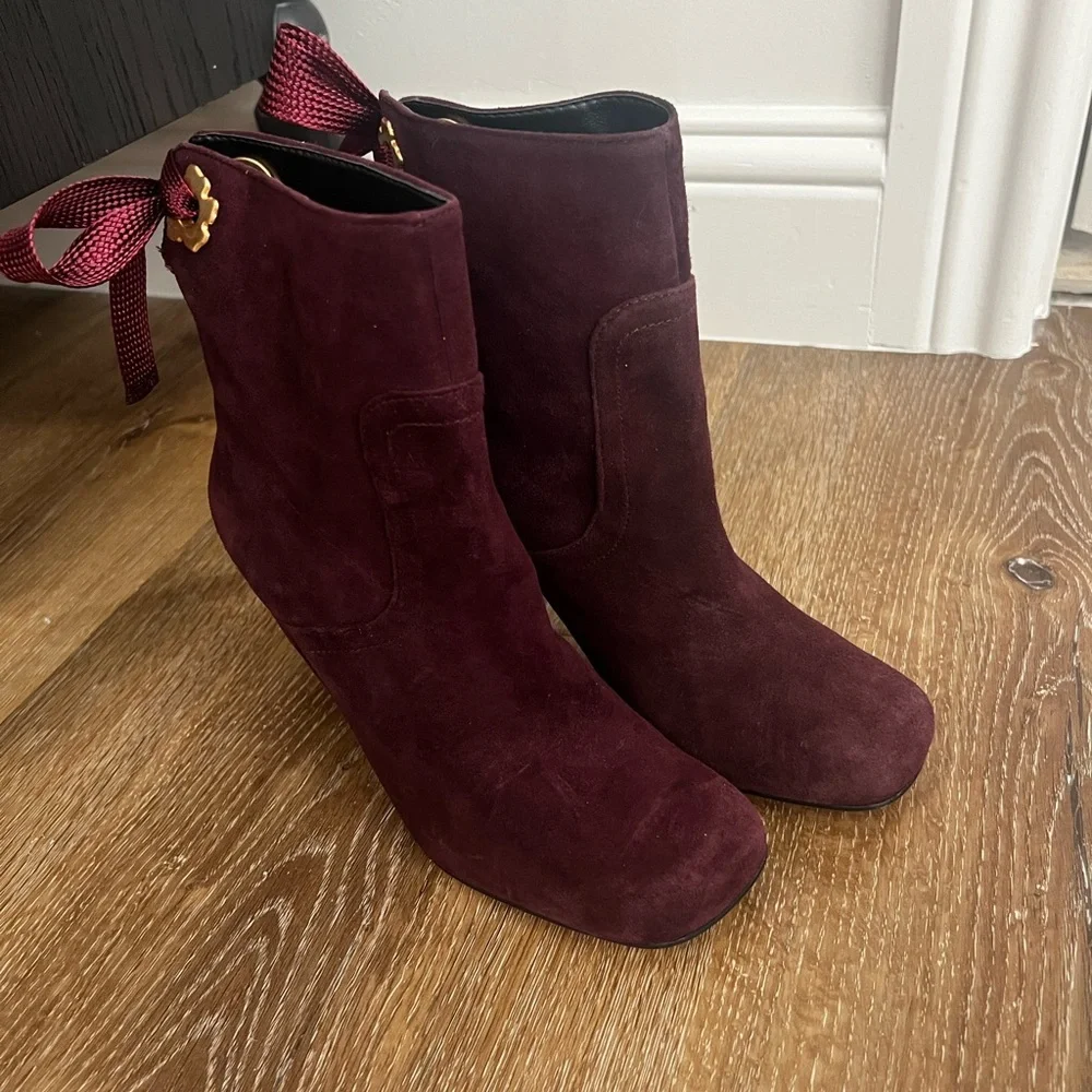 Ted Baker Haraya leather Women’s Burgundy Suede Ankle Boots with Ribbon Detail